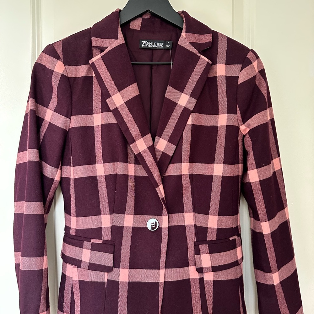 New York & Company Burgundy and Pink Checkered Blazer